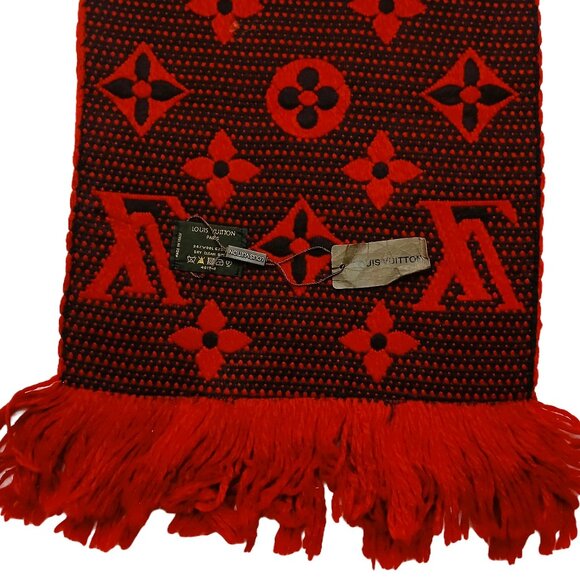 LOUIS VUITTON LV Classic Luxury Vintage Red Black Wool & Silk Monogram Scarf - Picture 9 of 15